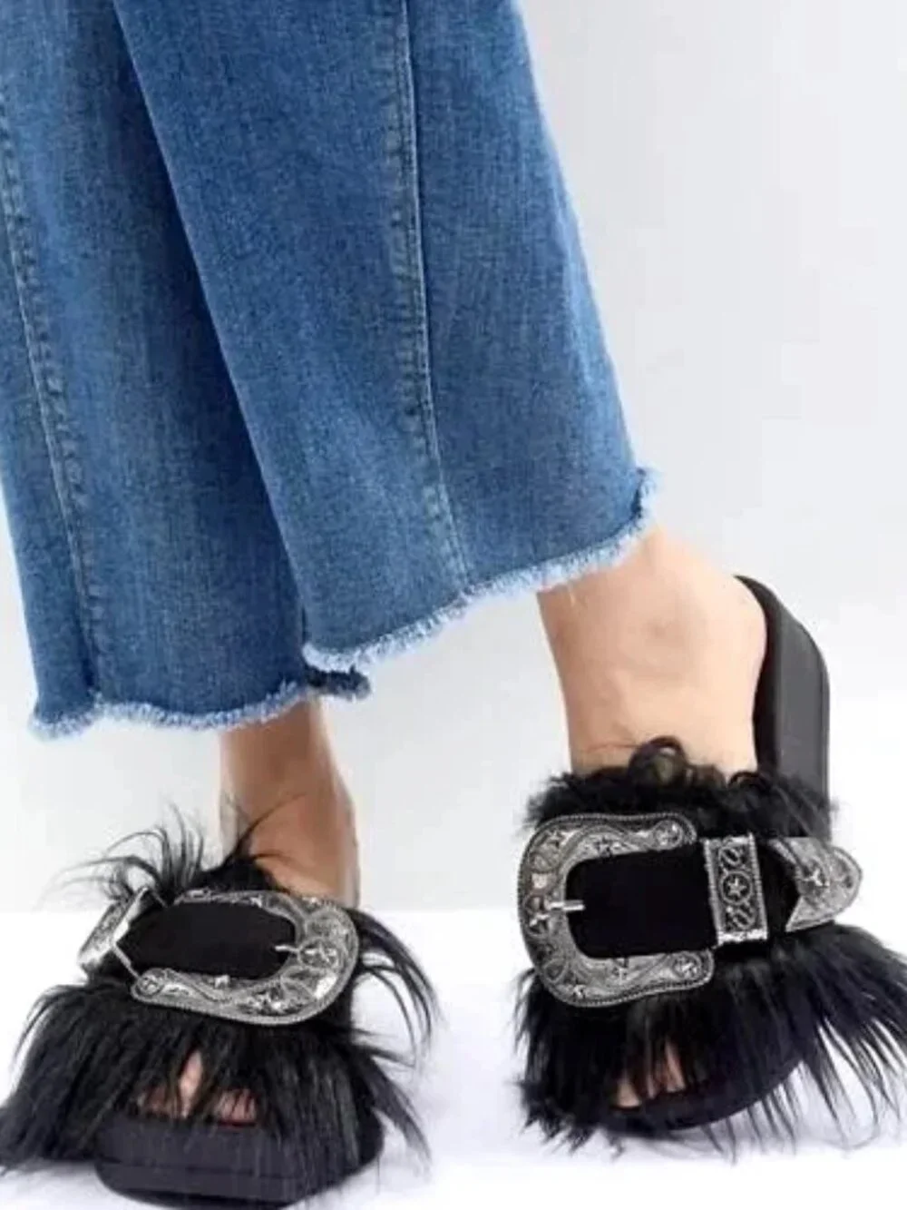 JEFFREY CAMPBELL Black Fur WESTERN BELT BUCKLE Platform SLIDES 9 Whimsygoth Y2K - Picture 2 of 8